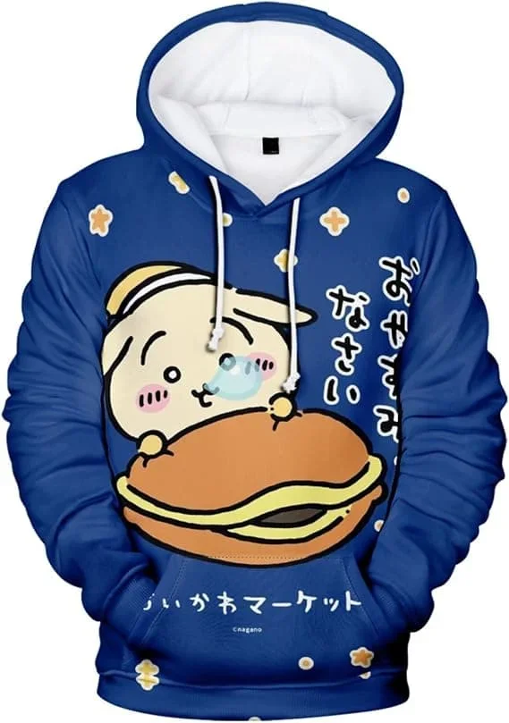 2027 Niedlicher Chiikawa Usagi Hamburger-Print Hoodie Anime Cartoon 3D Pullover Sweatshirt Langarm Freizeit Kapuzenpullover Familien-Set – Detail 2