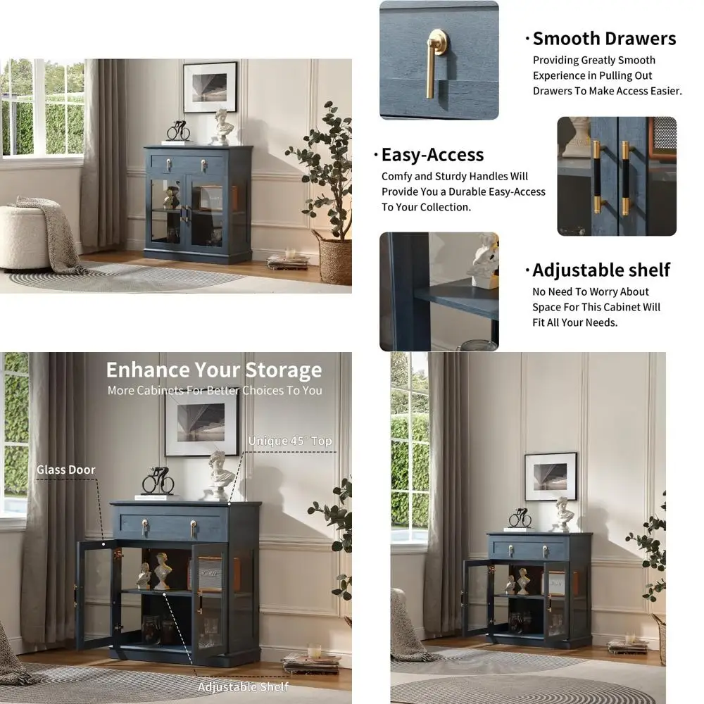 Compact Buffet Cabinet with Glass Doors and Storage Drawer, Ideal for Coffee Bar Use