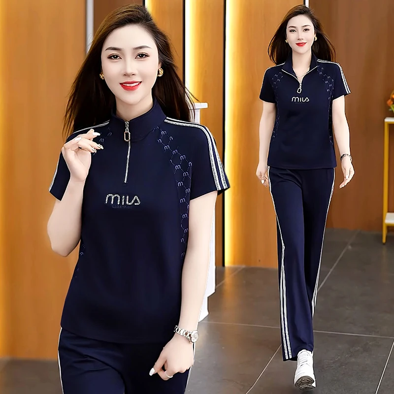 

Модный повседневный спортивный костюм для женщин, лето 2025, новинка, омолаживающий эффект, свободный крой, большие размеры, комплект из двух предметов, тонкий, для мам