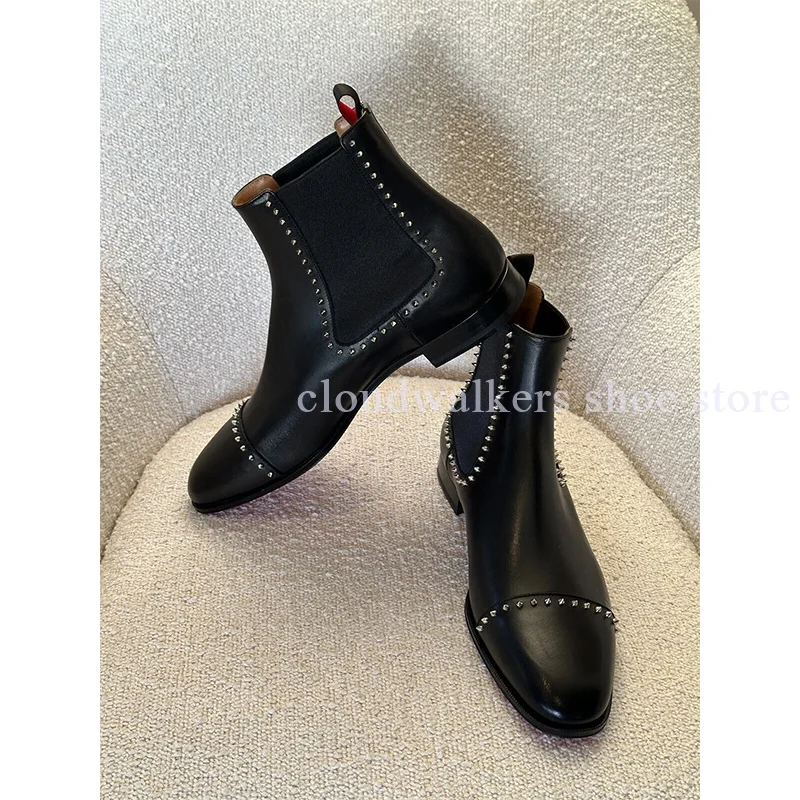 Black Leather Metal Studs Line Design Ankle Boots Small Round Toe Braided Belt Splicing Slip On Short Boots Men's Trench Boots