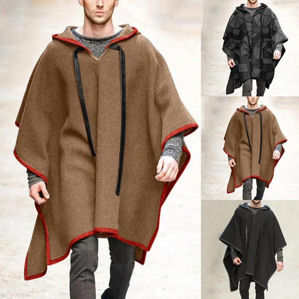 Cool Long Coat Cape Coat Men Coat Extra Loose Geometric Pattern Drawstring Shawl Coat  Patchwork