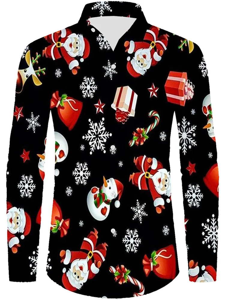 Camisa de manga larga con estampado navideño de Papá Noel en 3D para hombre, camisa informal de moda para hombre, camiseta de muñeco de nieve