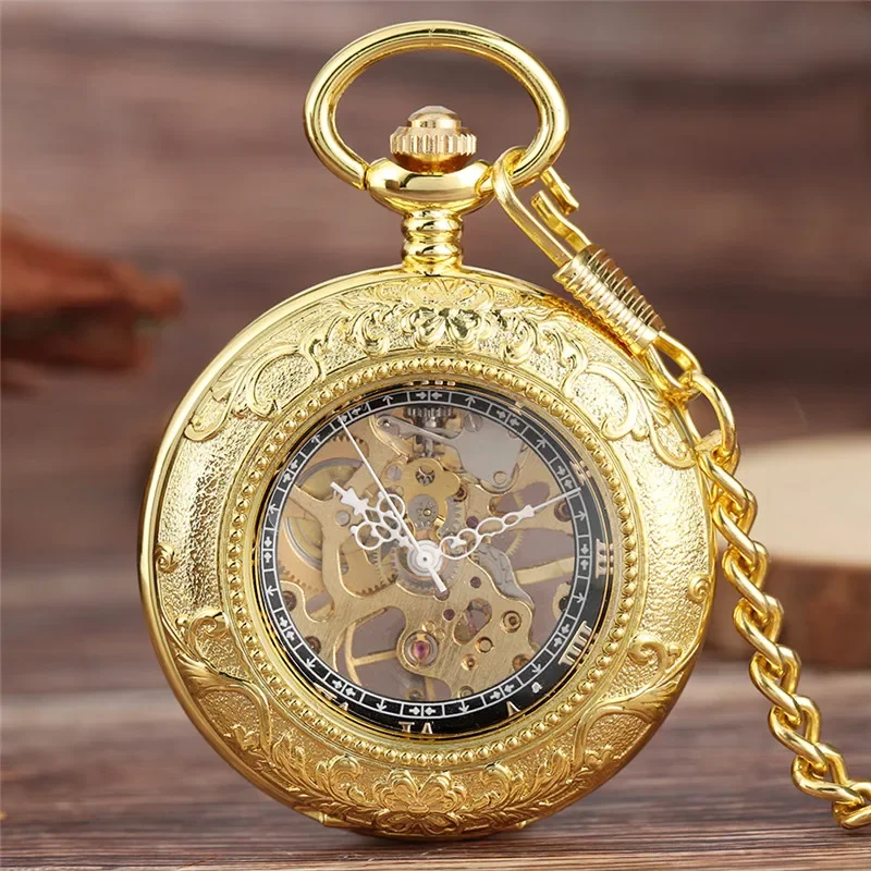 Luxury Gold Transparent Cover Unisex Hand-wind Mechanical Pocket Watch Roman Numerals Skeleton Pendant Clock with Fob Chain