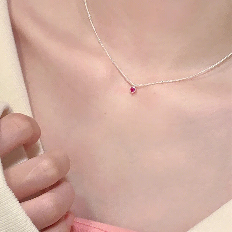 925 Sterling Silver Mini Red Heart Pendant Necklace Simple Love Shape Collar Women Jewelry Christmas Gifts