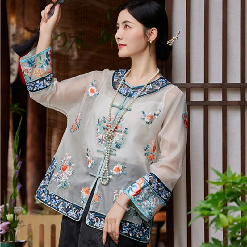 High End Silk Shirt for Women's 2024 Summer Thin Retro O-Neck Chinese Style Embroidered Single Breasted New Top S-XXL