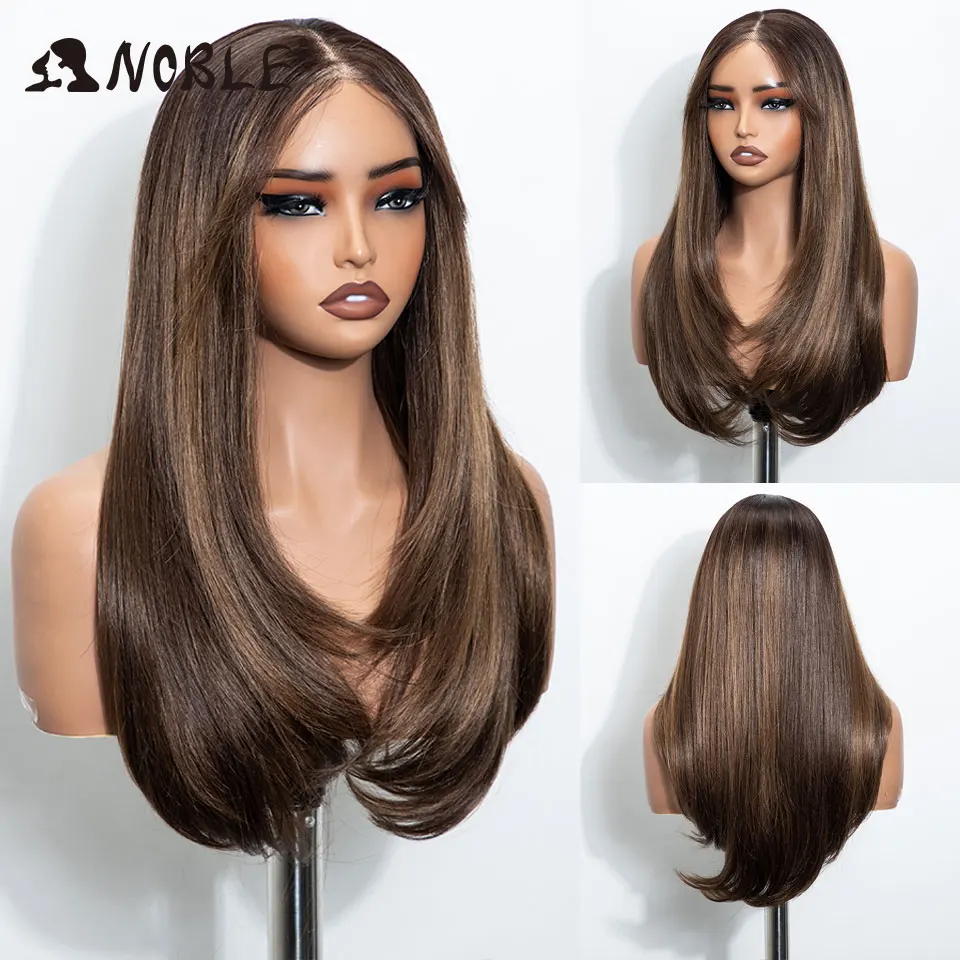 NOBLE 6X4 Pre Cut Lace Synthetic Lace Front Wig 24 Inch Brown Balayage Layered Straight Lace Wig Trend Heat Resistant For Women