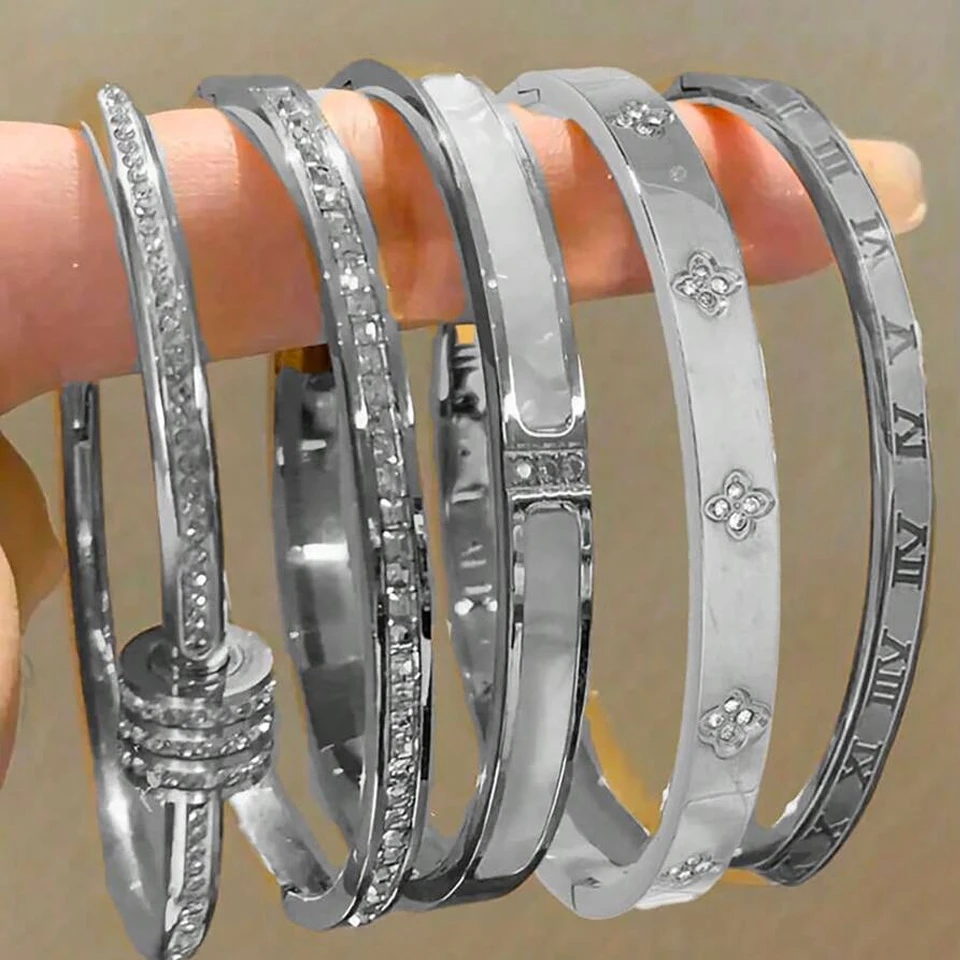 Zakol 5/1 Stuks Fonkelende Zirconia Ingelegd Roestvrij Stalen Armband Set Voor Vrouwen Stapelbare Armbanden Mode Niet Vervagende Sieraden Gift