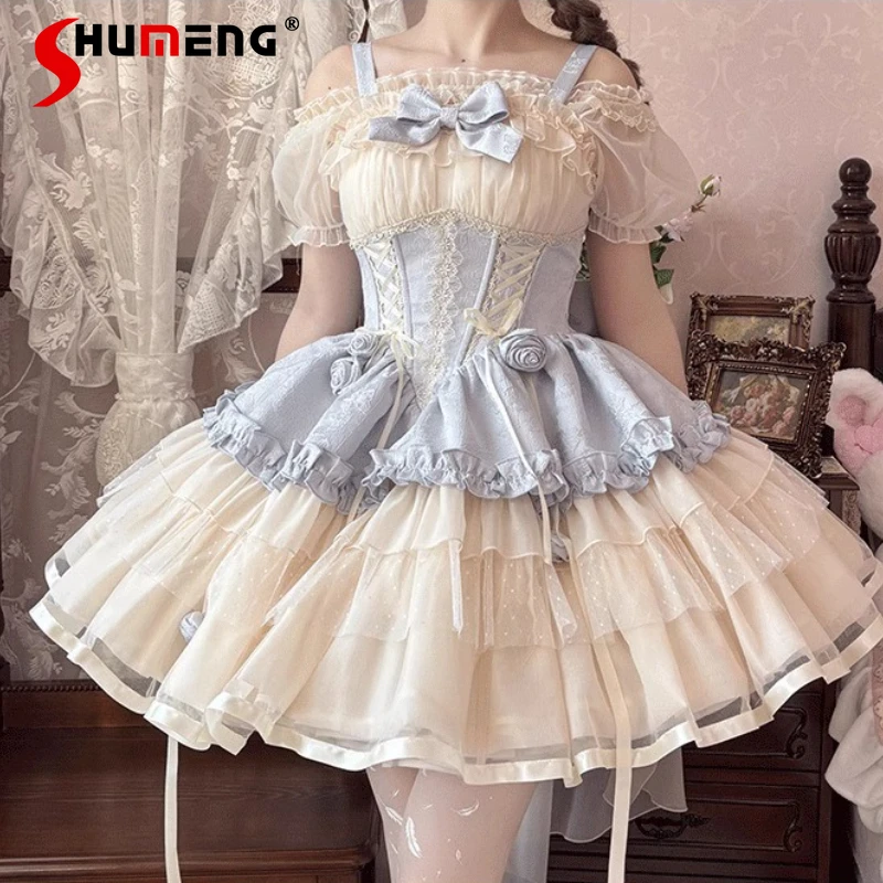 

Sweet Princess Style Blue Sling Dress Jsk Summer Girls Kawaii Cos Mini Dress Woman Slim-Fit Elegant Birthday Dresses Vestidos