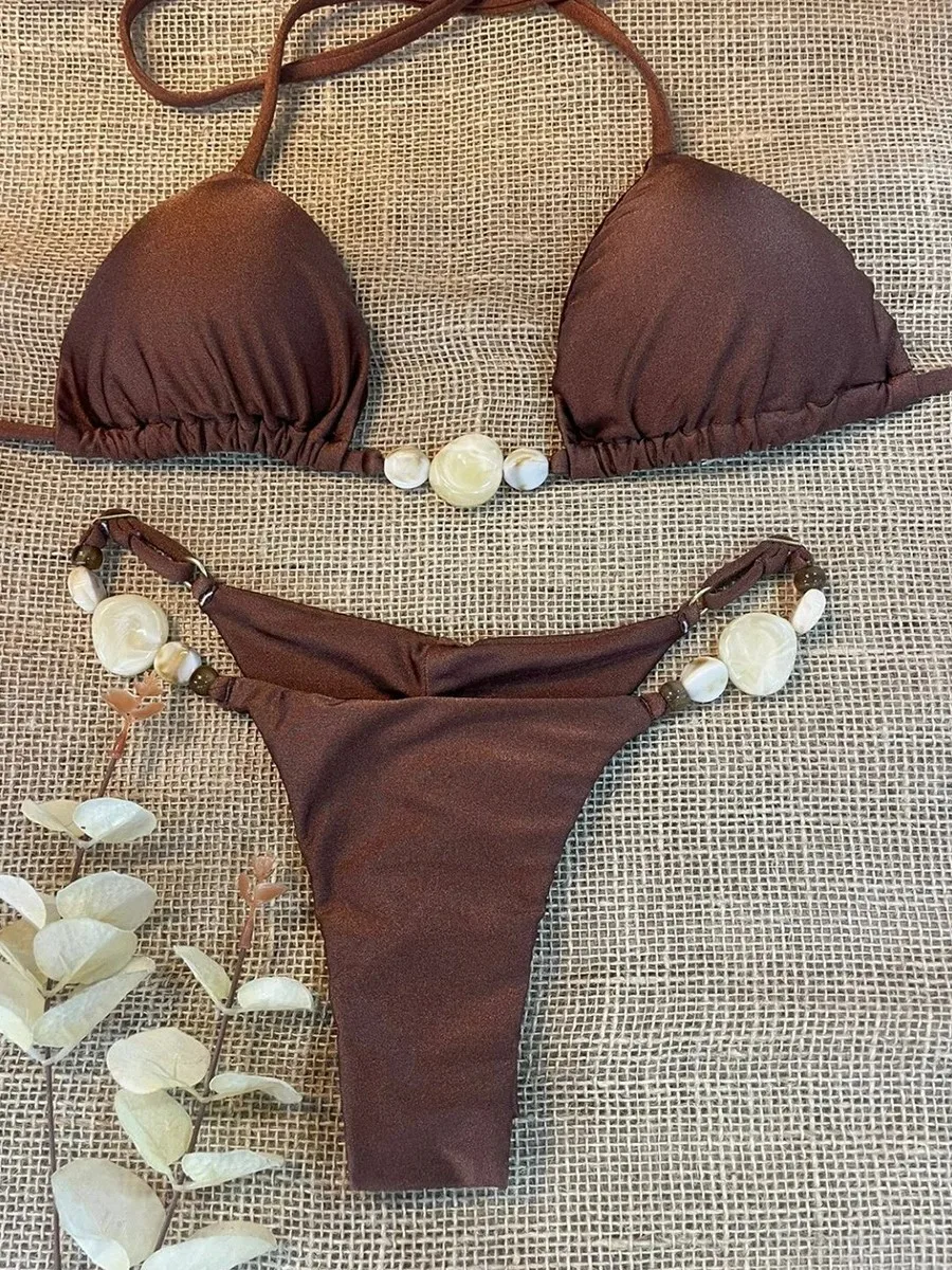 Estilo europeu americano sexy biquíni cor sólida dividir maiô feminino moda grânulo corrente apertado maiô 2025 verão novo