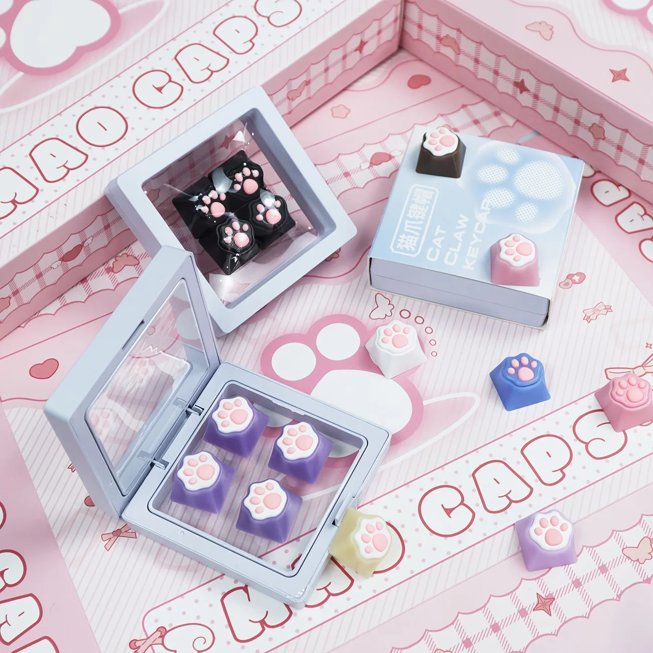 4 süße Katzenpfoten- und rosa Herz-Tastenkappen |   3D-Soft-Silikon, Kawaii-Mädchenstil, realistische Haptik, MX-Switch-kompatibel, in einer schönen Verpackung