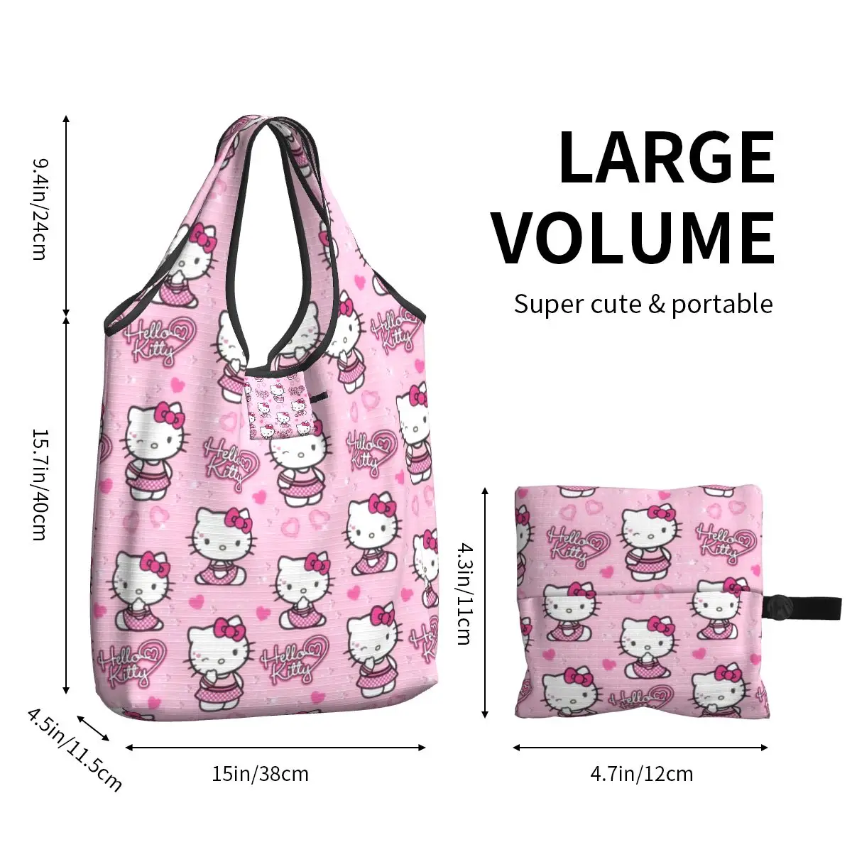 Custom Hello Kitty Manga Cat Shopping Bags Women Portable Large Capacity Grocery Tote Shopper Bags