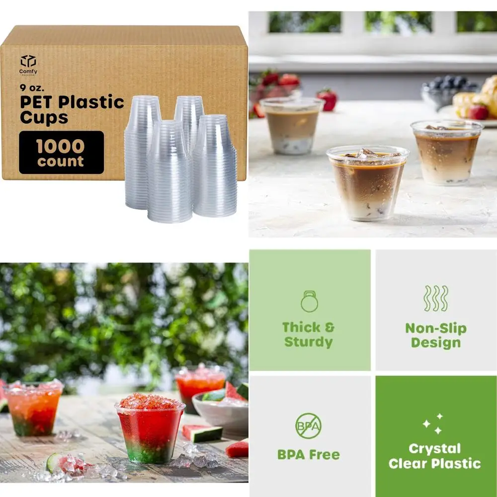 

Прозрачные пластиковые стаканчики на 9 унций — оптовая упаковка из 1000 штук для вечеринок, холодных напитков, смузи и торжеств.