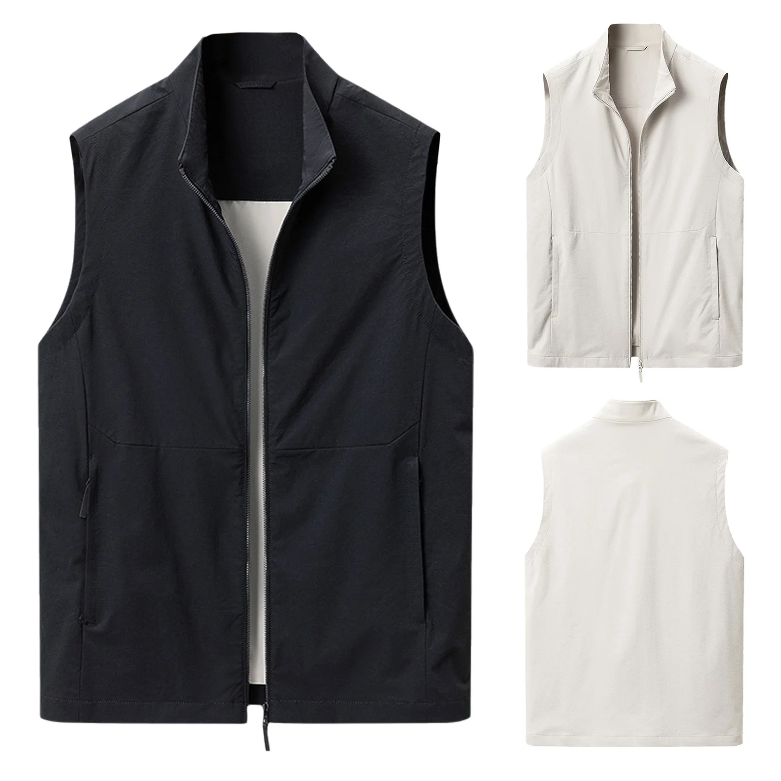 #M-4XL Men Zipper Golf Vest Stand Collar Sleeveless Jacket Solid Color Pockets for Golfing Fishing Hiking