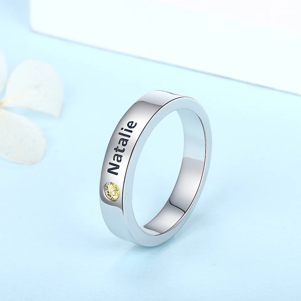 Strollgirl 925 Sterling Silver Personalized Stackable Engraved Name Ring with Birthstone Custom Jewelry Gifts For Women Friends