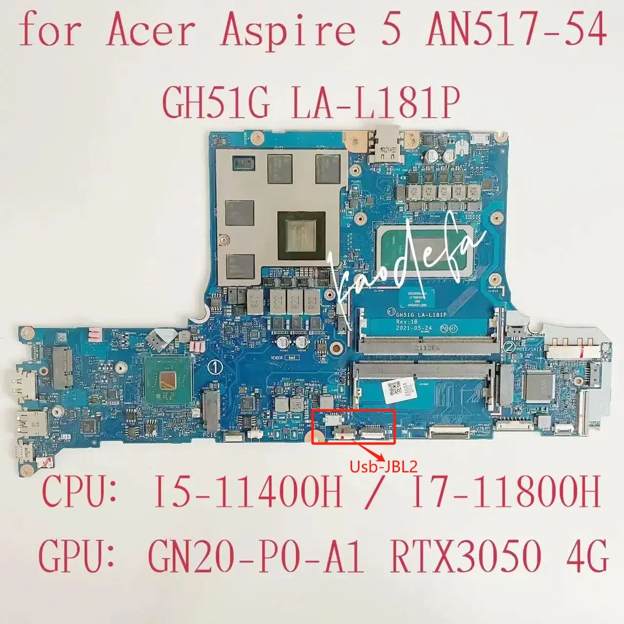 GH51G LA-L181P Mainboard for Acer Nitro 5 AN517-54 Laptop Motherboard CPU:I5-11400H I7-11800H GPU:GN20-P0-A1 RTX3050 4GB Test OK