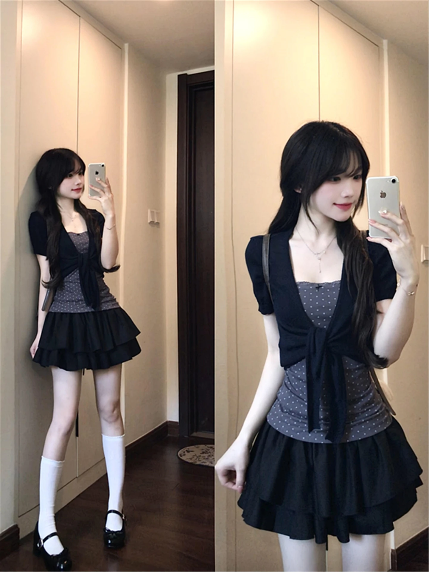 Korean Style College Girl's Black Tie Dots Crop Top And Vest Set Summer Breathable Lightweight Short Sleeve Open Cardigan