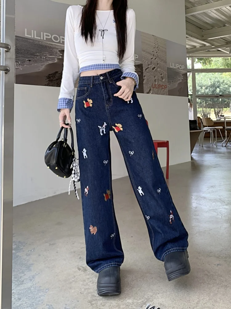 2024 Ropa Y2K Fashion Butterfly Knot Puppy Embroidery Baggy Jeans Pants For Women Clothes Dark Blue Straight Lady Denim Trousers