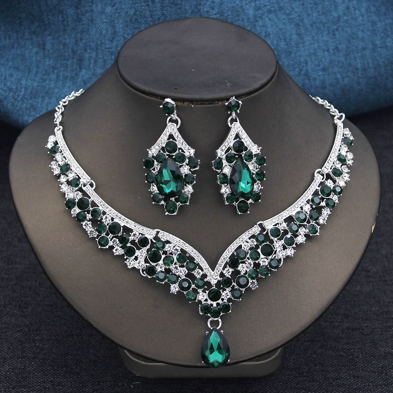 Elegant 2pcs Rhinestone Crystal Choker Necklace Sets for Women Fashion Jewelry Sets Bridal Wedding Dubai Necklace Earrings Set