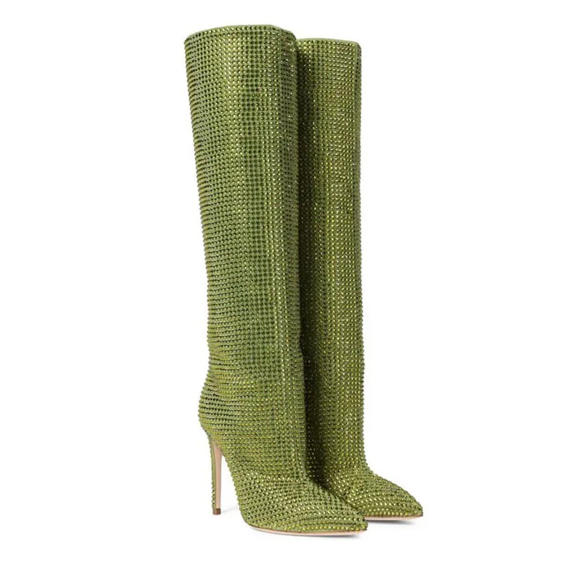 Neue knielange Stiefel mit spitzen Zehen und Sternenhimmel-Strasssteinen, schmaler High-Heel, kniehohe Stiefel in Übergröße für Damen – Detail 22