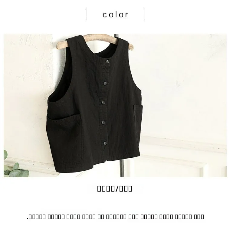 

2025 Autumn New Pure Cotton round Ne Bla Classic Versatile Japanese Sle Casual Retro Vest Tank Top Women's Faion