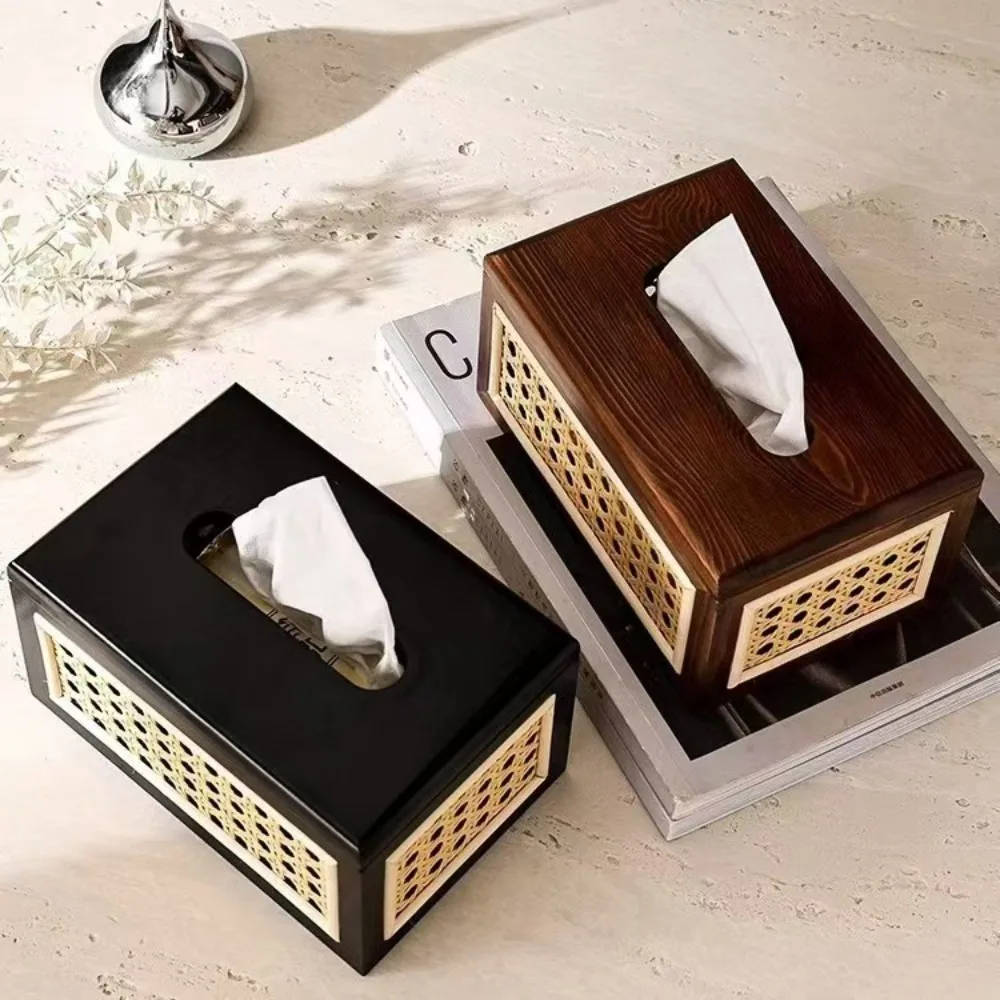 

Solid Wood Imitation Rattan Woven Tissue Box, Rattan Woven Carton, Home Bedroom Living Room Coffee Table Tissue Storage