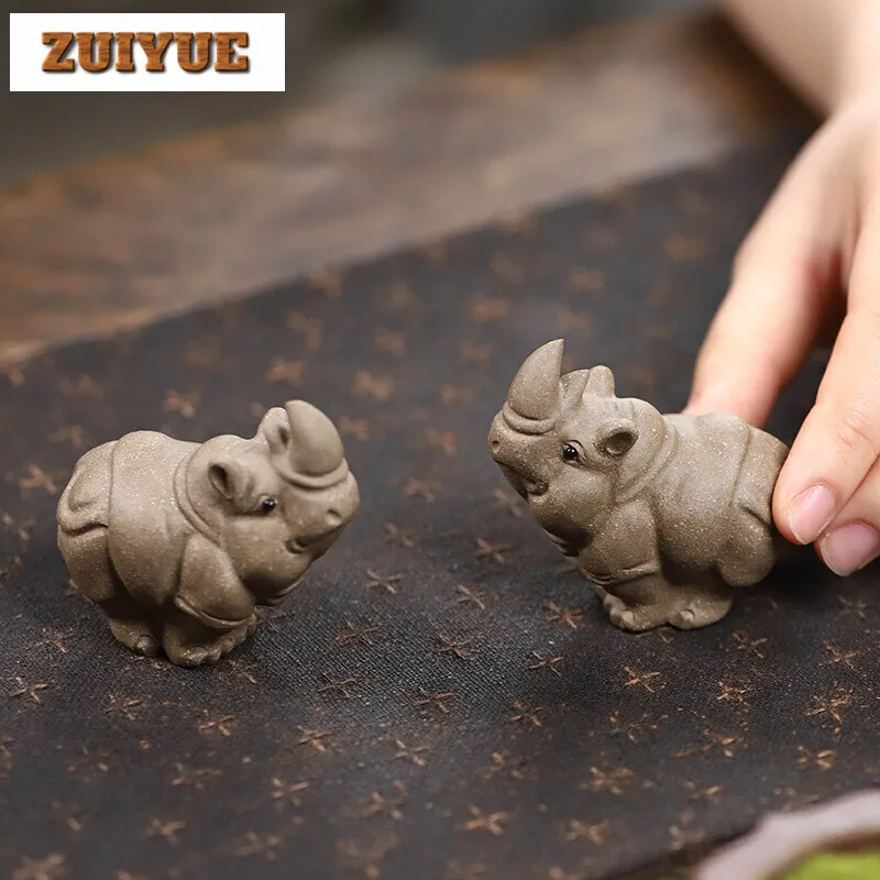 Handamde Purple Sand Tea Pet Creative Rhinoceros Tea Play Figurine Toys Zodiac Ox Sculptures Tea Table Ornaments Tea Ceremony