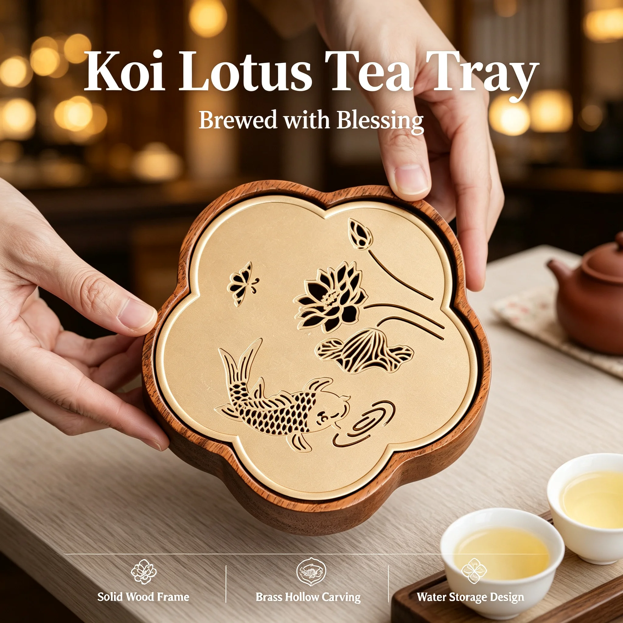 Lotus Koi Wooden Dry Brew Tea Tray Water Storage Tea Boat Teapot Stand Travel Tea Ceremony Accessory Household Desktop Decor
