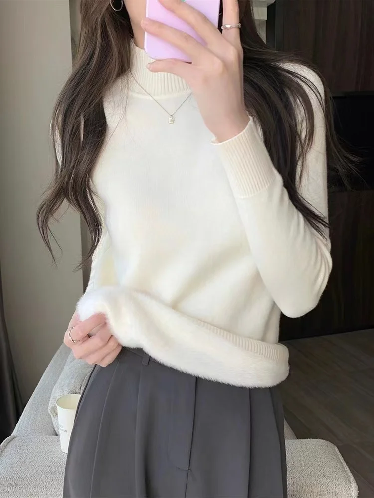 Thiened Fce Women's Knitted Sweater Autumn Winter f High Collar Hooded Warm Base Layer Inteated Fce Crew Ne Top