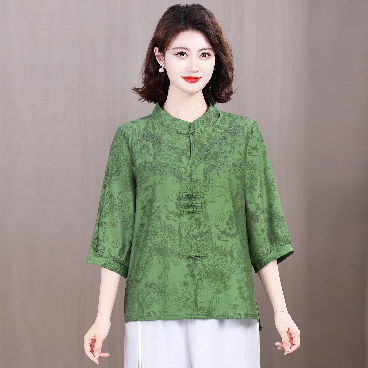 

New Chinese Sle Printed irt Women's Loose Slimming Belly Covering Mommy Clothes round Ne Polyester Fiber Casual Top