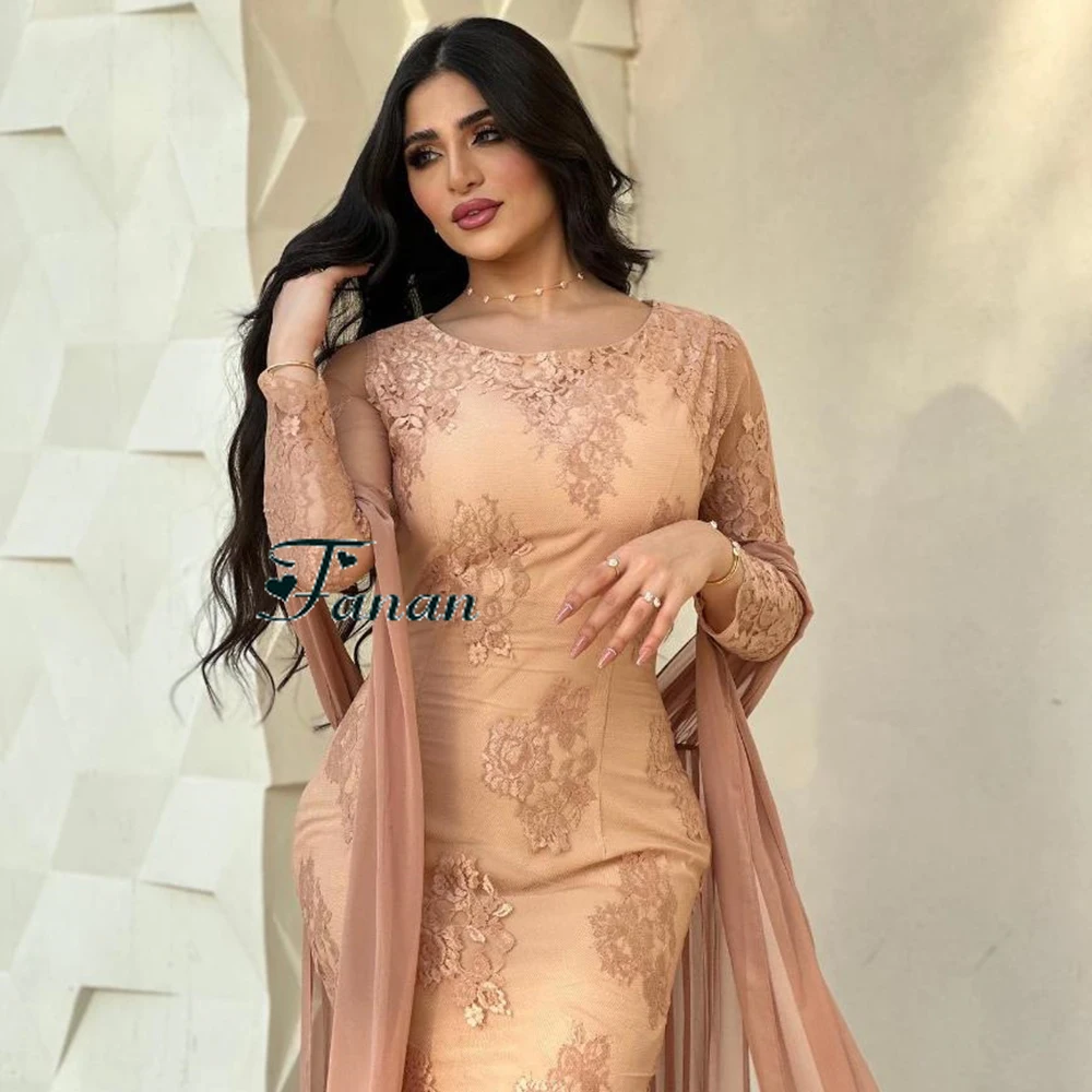 Personalizado simples champanhe o-pescoço camisa apliques vestidos de noite mangas completas em linha reta tornozelo comprimento elegante vestidos de baile