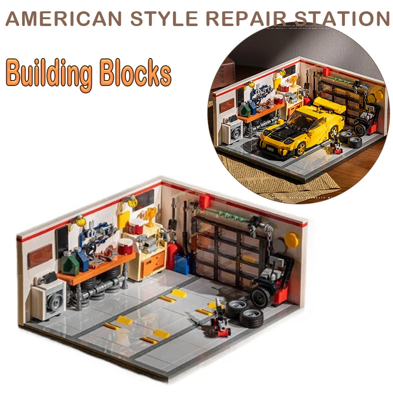 

Парковка, гараж, ремонтный магазин, строительные блоки, креативная уличная сцена, сборка, украшения, модель, игрушка в подарок, подходит для 1:32, спортивного автомобиля