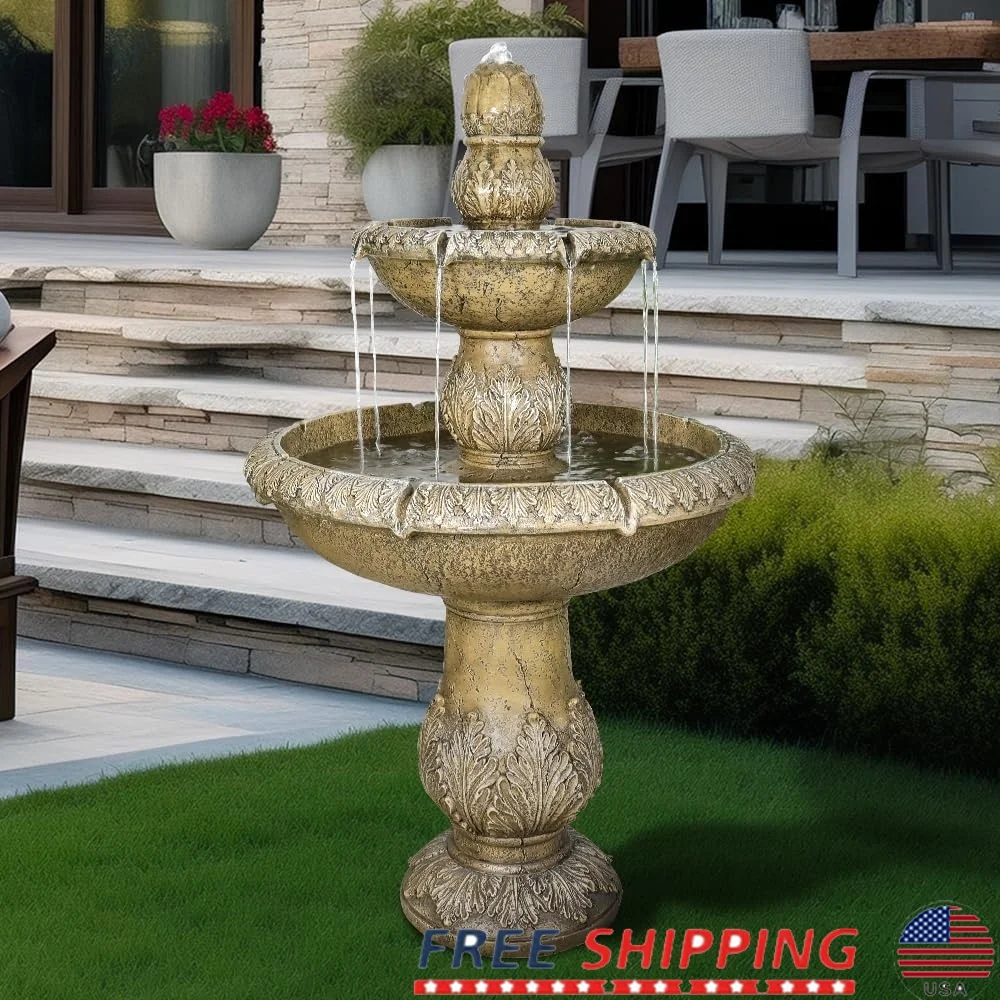 

47.2 Inch Outdoor Floor Standing Fountain 2-Tier Waterfall Garden Feature Lightweight Durable Bird Bath Pump Included