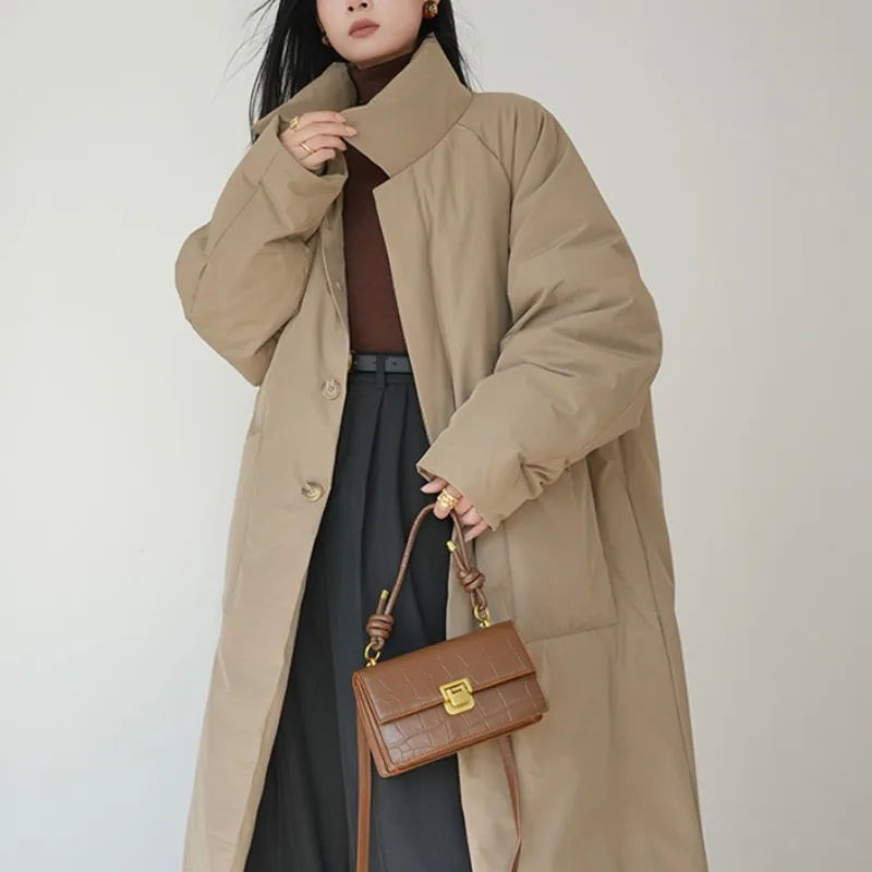 Fashionable silhouette trench coat 2024 new thickened down cotton jacket women\'s long over-the-knee winter standing lapel coat