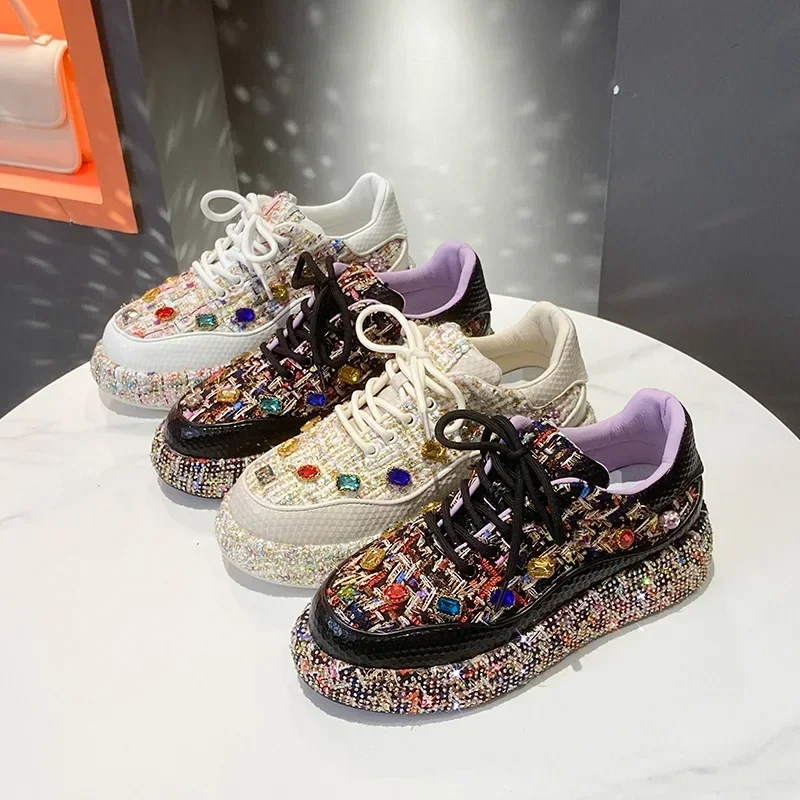 Colorful Handmade Diamond Inlaid Women Board Shoes New Fashion Versatile Rhinestone Thick Sole Sports Shoes Banquet Casual Shoes