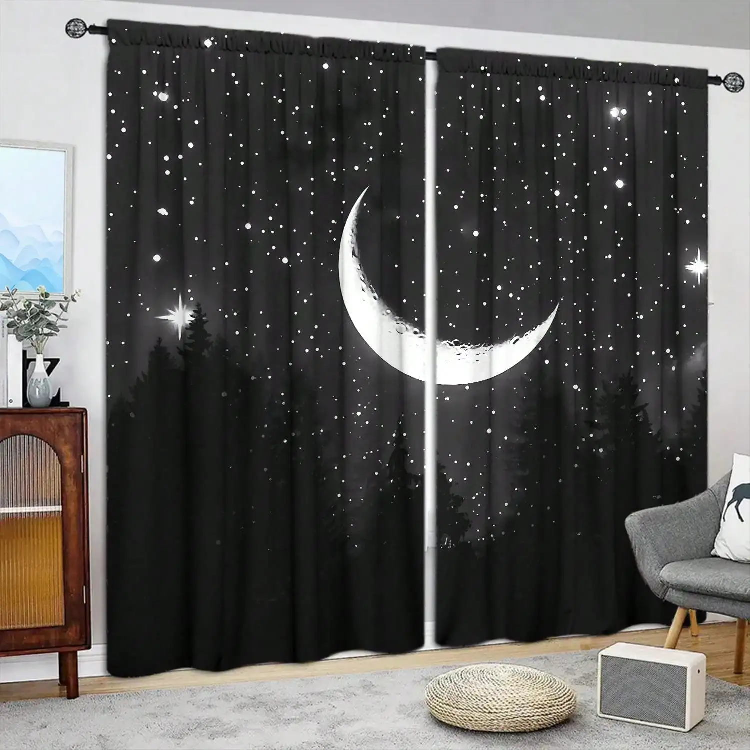 2pcs Black And White Starry Sky Crescent Moon Decorative Curtains, Warm In Winter, Insulated In Summer, Energy-Saving Suitable