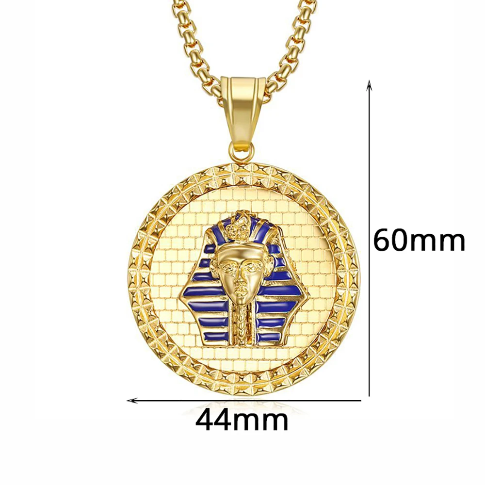 Egyptian Pharaoh Head Pendant Necklaces Male Gold Color Stainless Steel Round Necklace for Men Ancient Egypt Jewelry Gift