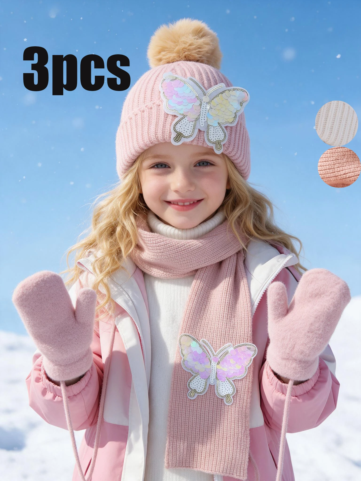 3pcs 3-8Y Kids Girls Cute Sequin Bow Knit Set, Hat Scarf Gloves Retro Fleece Lined Kit for Girls
