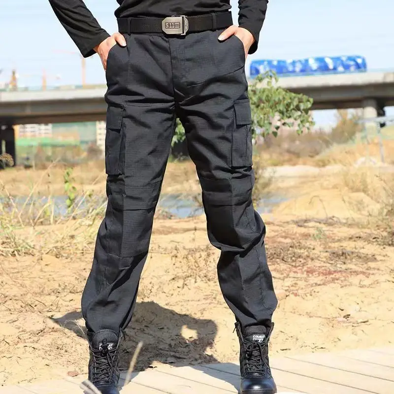 

Men's Black Training Cargo Pants Spring Autumn Casual Wear Resistant Durable​ Multi Pocket Fashion Trousers