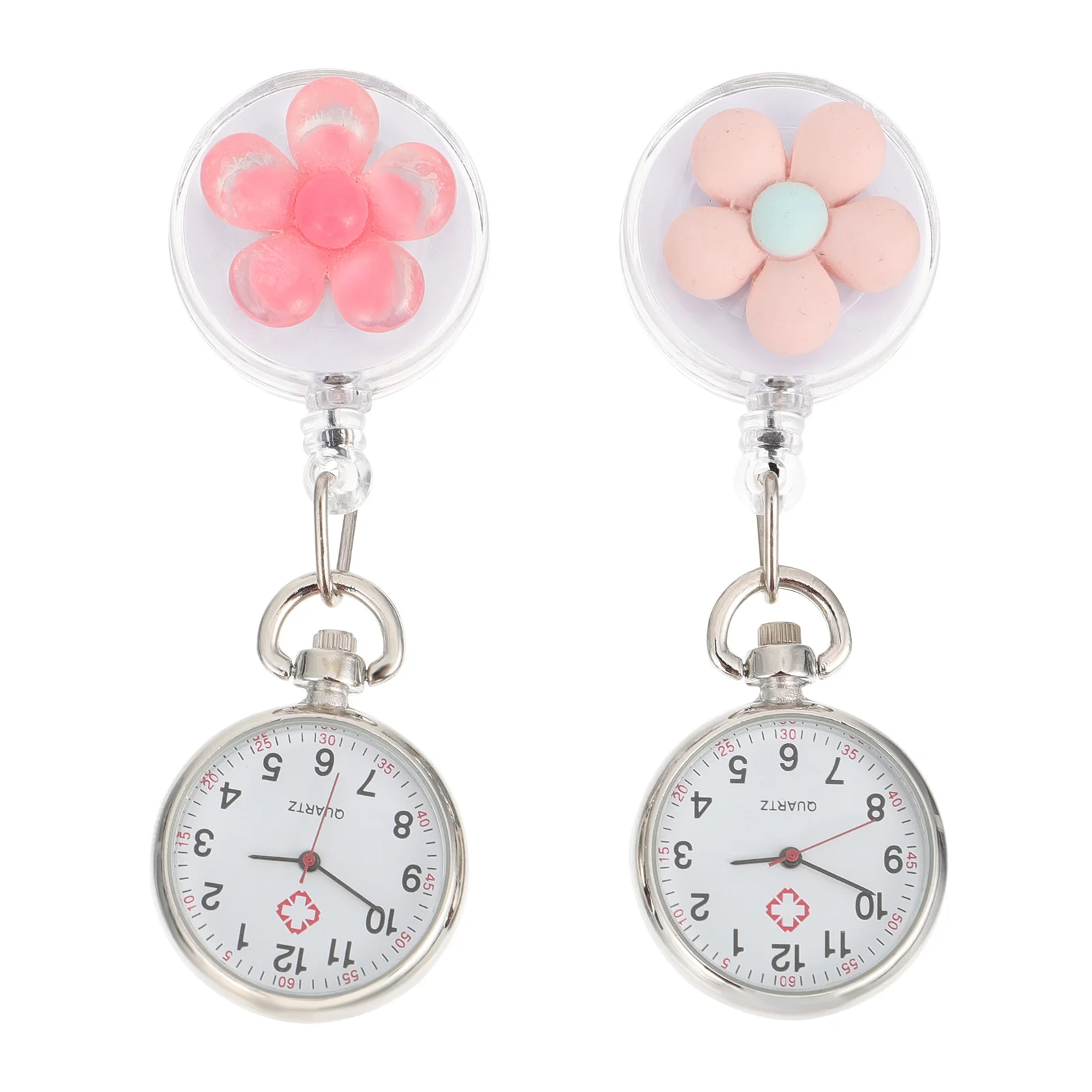 

2pcs Flower Pattern Pocket For Nurses Clip-On Nurse Watch Quartz Movement Large Dial Portable Medical Timepiece Retractable