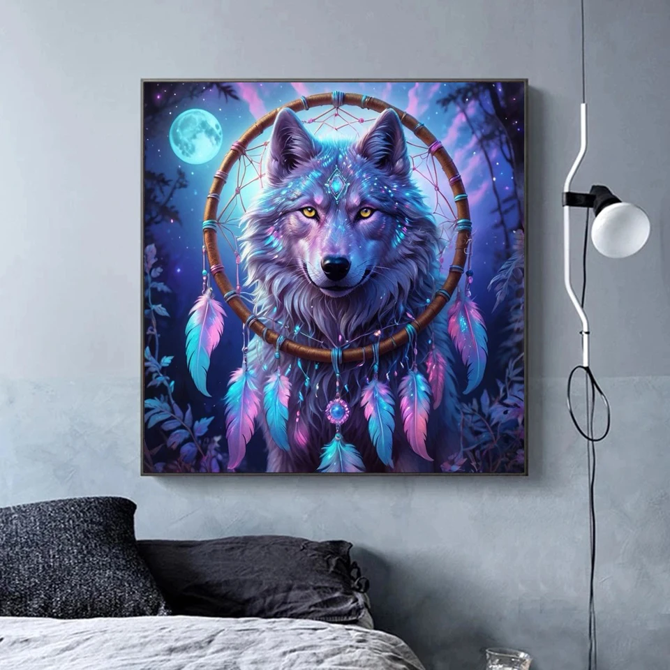 Full Square Round Diamond Painting Cross Stitch Wolf Diamond Mosaic Animal Dream Catcher Embroidery Rhinestones Home Decor