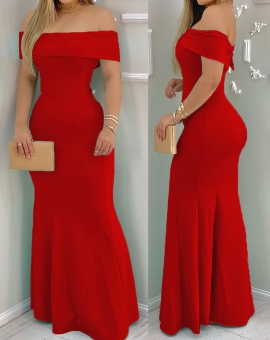 

Women Dress Elegant Formal Party Cocktail Evening Dress Solid Color Off Shoulder Short Sleeve Bodycon Wrapped Hip Maxi Dress