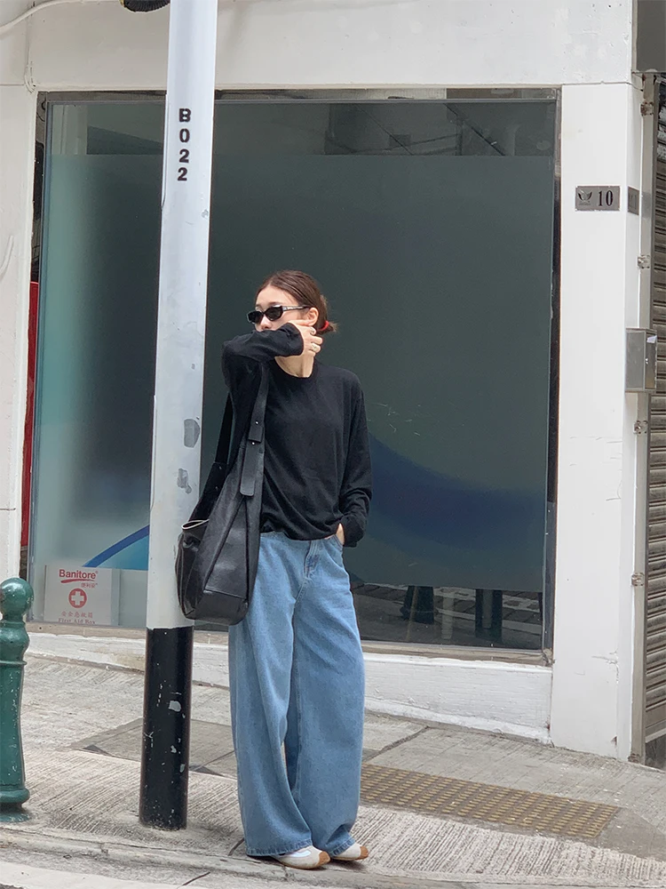 

Светло-голубые широкие прямые джинсы для женщин, свободные повседневные брюки для работы и отдыха, новинка весенней коллекции IAMFF, модные джинсовые штаны