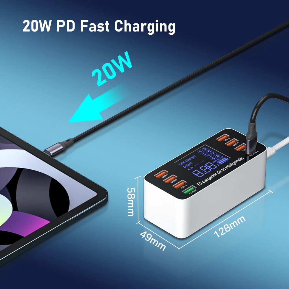 60W 8 Ports USB Phone Charger QC3.0 PD Type C USB C Fast Charger Quick Charge 3.0 Smart LED Display Charging Station Adapter