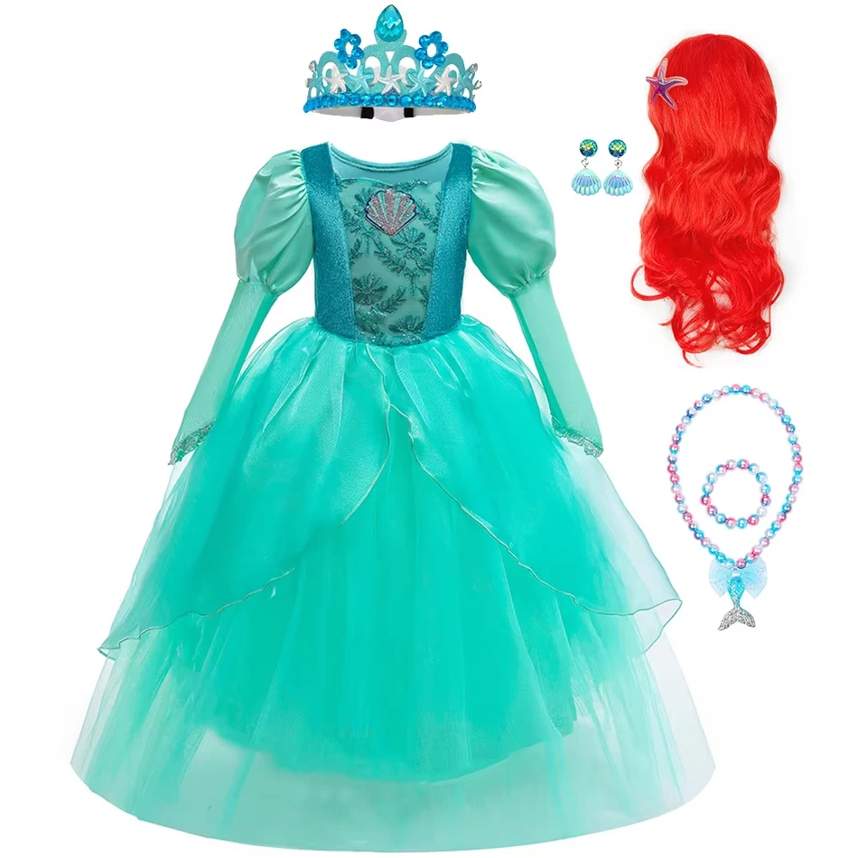 Mädchen Meerjungfrauenkleid Ariel Langarm Cosplay Halloween-Kostüm Kinder Flauschiges Tüll-Muschel-Applikationskleid Elegantes Kleid