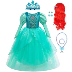 Girls Mermaid Dress Ariel Long Sleeves Cosplay Halloween Costume Kids Fluffy Tulle Shell Applique Frocks Elegant Gown