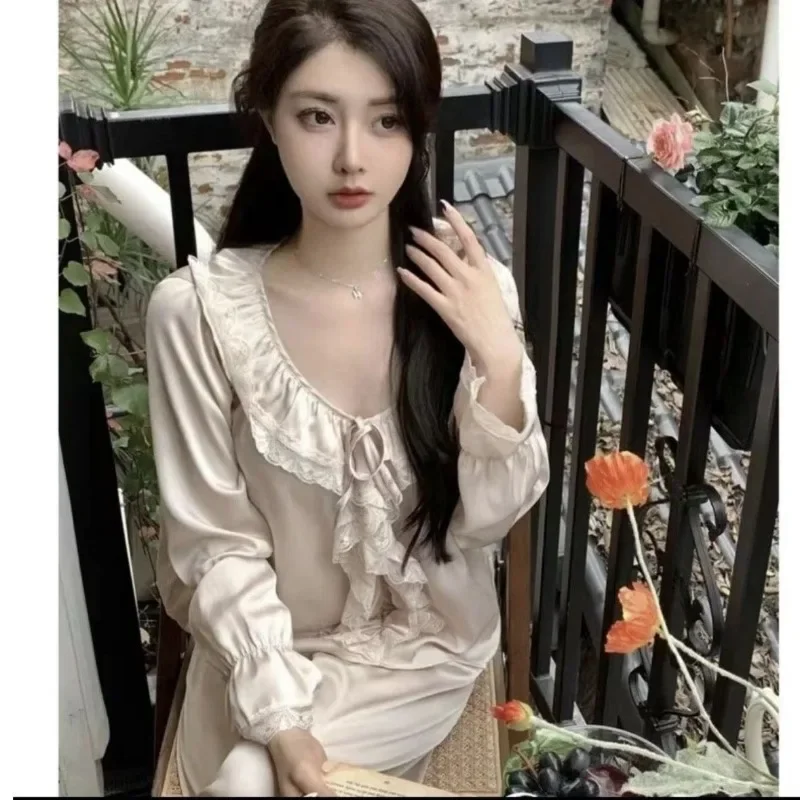 Spring and Summer Thin Court Style Pajamas Long Sleeve Home Dress Two-piece Refreshing Comfort Nude Pink Ice Silk Pajamas Female