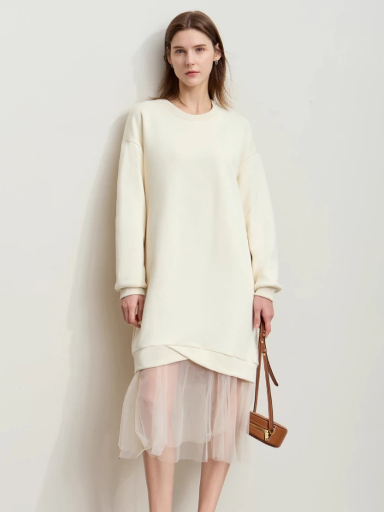 

AMII минималистичные женские платья 2025, новинка зимы с круглым вырезом и длинными рукавами, женская одежда, повседневные свободные платья миди 12444120