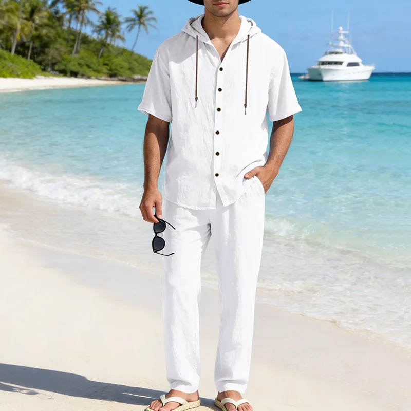 Men's Summer 2026 Loose-Looking Linen Casual Hooded Short-Sleeved Shirt And Straight-Tailored Pants Set