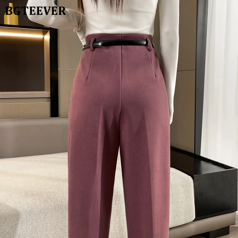 BGTEEVER Elegant High Waist Women Harem Pants Autumn Winter Casual Loose Pockets Female Woolen Pants