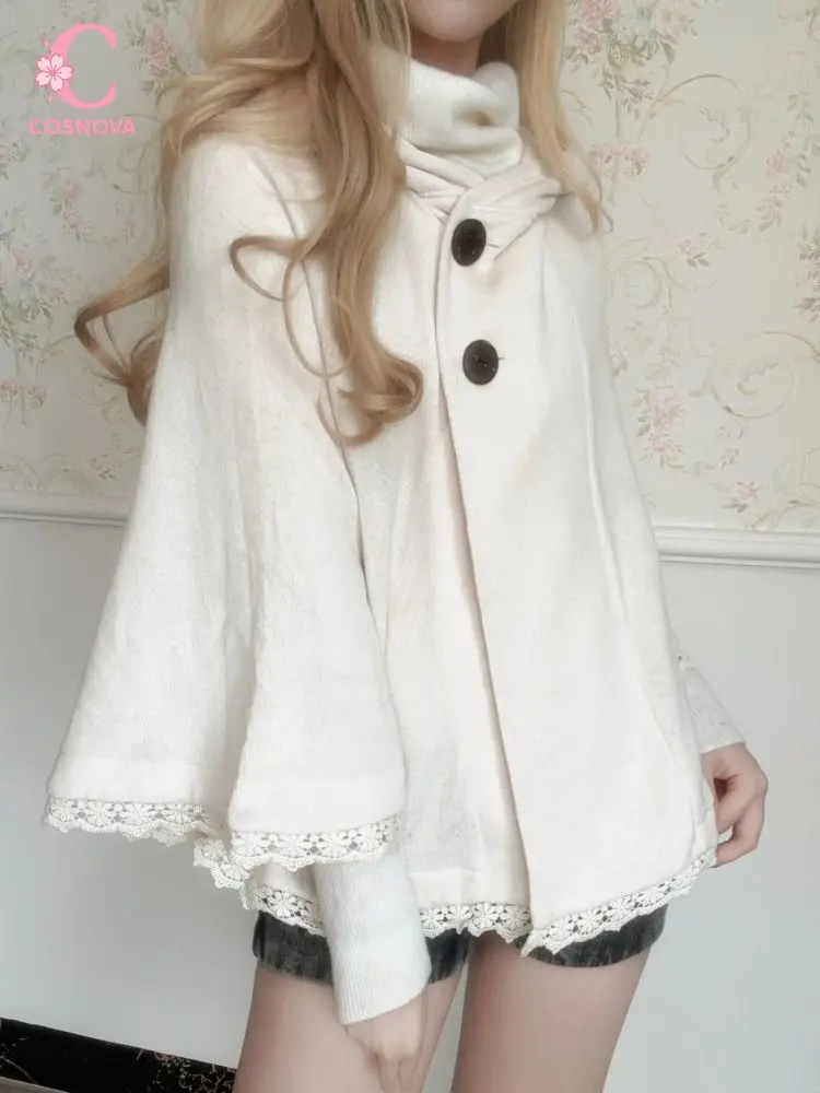 Vintage Elegant Cropped Warm Cape Coat Women Lace Trim Two Button Closure Loose Fit Soft Sweet Princess Casual Daily Outfit